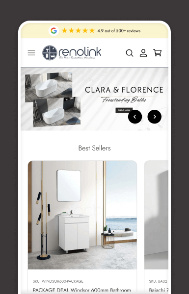 Mobile view of Renolink Shopify homepage above the fold, part of responsive design across all devices