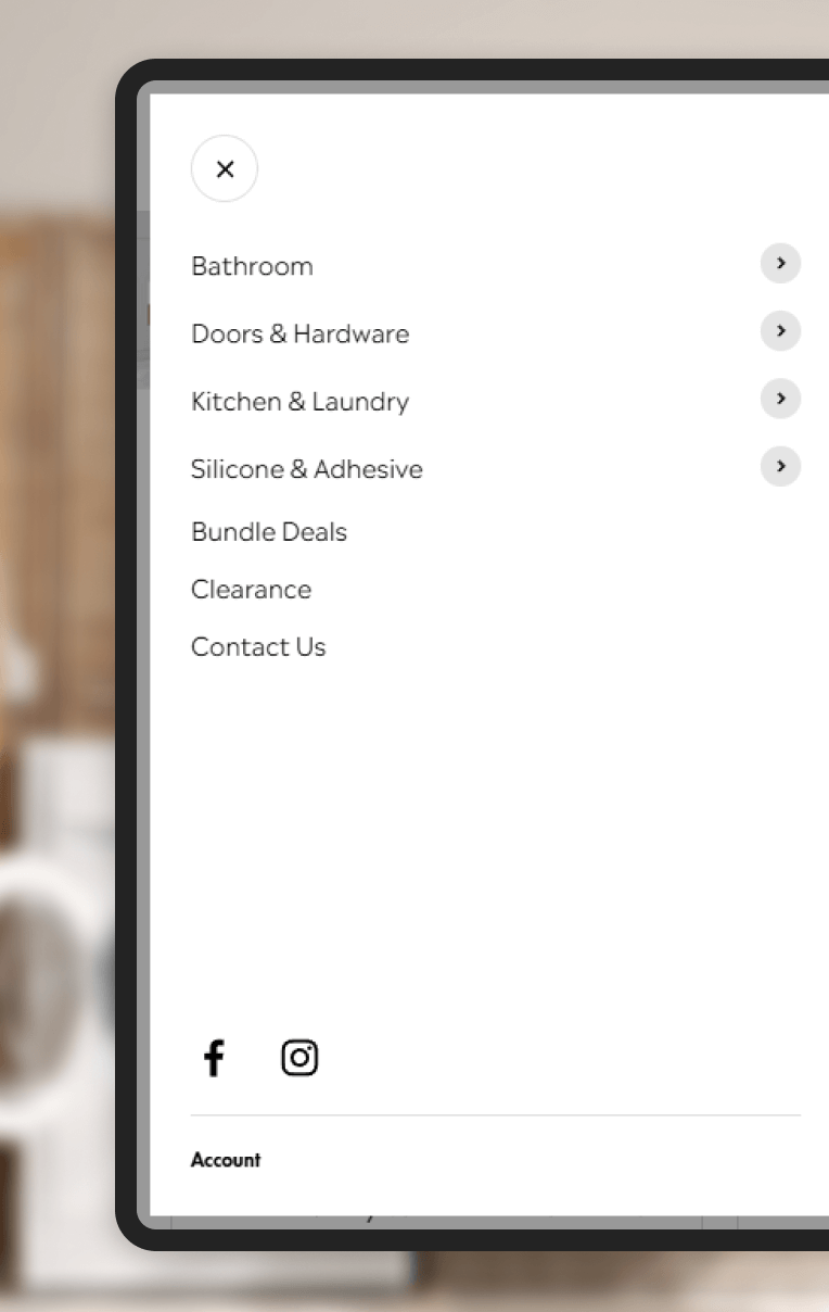Renolink mobile navigation menu, showing simplified structure for browsing bathroom, kitchen, hardware, and trade categories