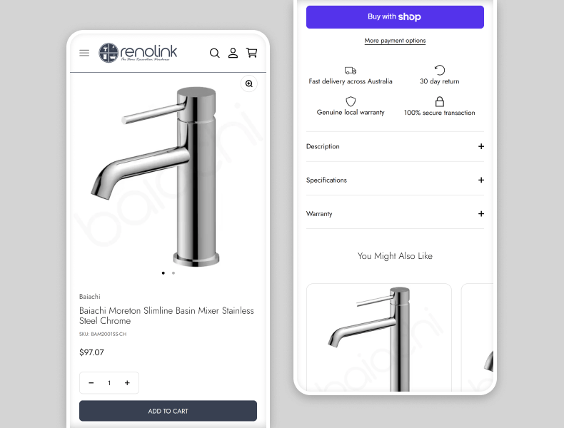 Mobile view of Renolink product detail page with clean, professional design for improved usability
