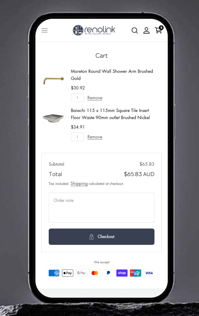 Mobile screenshot of Renolink shopping cart page, designed for clarity and smooth user experience