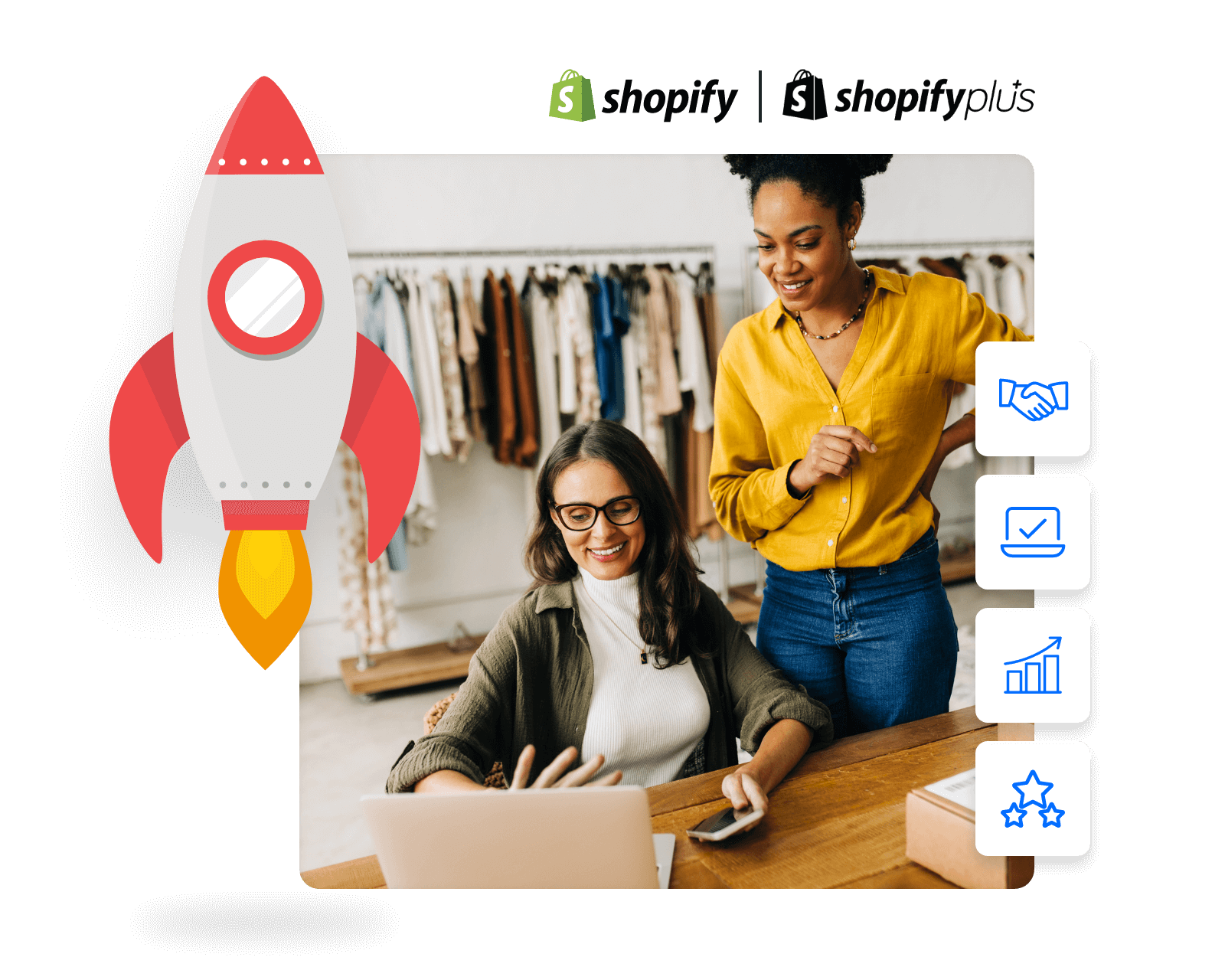 Happy business owner launching a new store with expert Shopify site design by Rainstorm