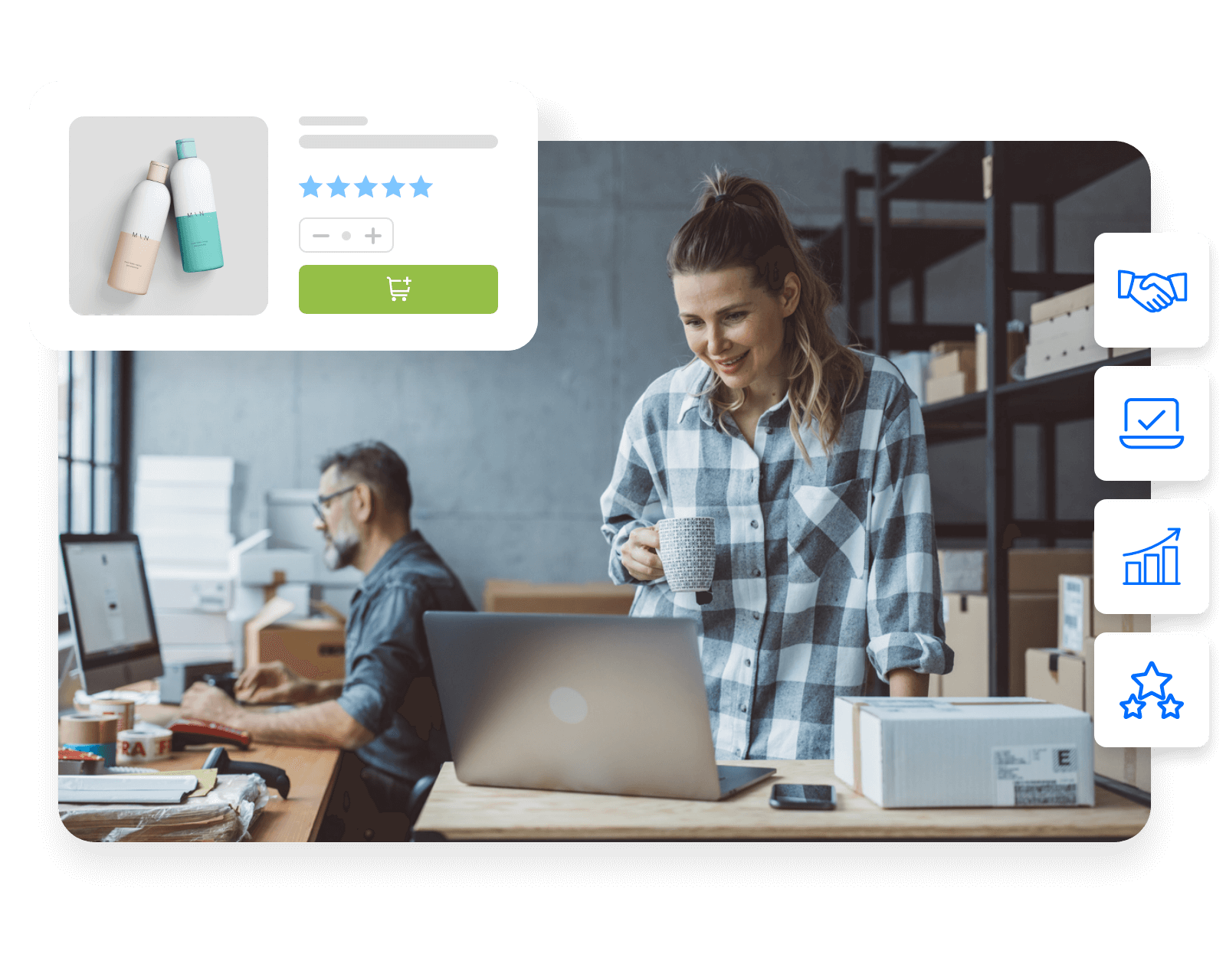 Smiling business owner using a laptop, representing a successful Shopify store redesign that supports growth and improves conversions