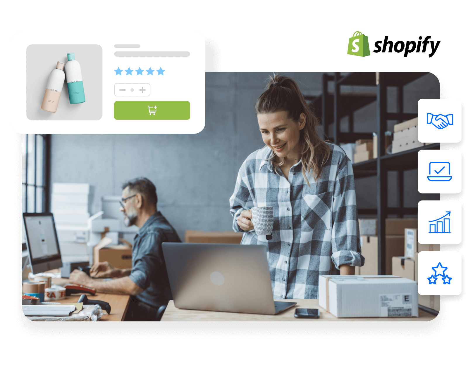 Smiling business owner using a laptop, representing a successful Shopify store redesign that supports growth and improves conversions