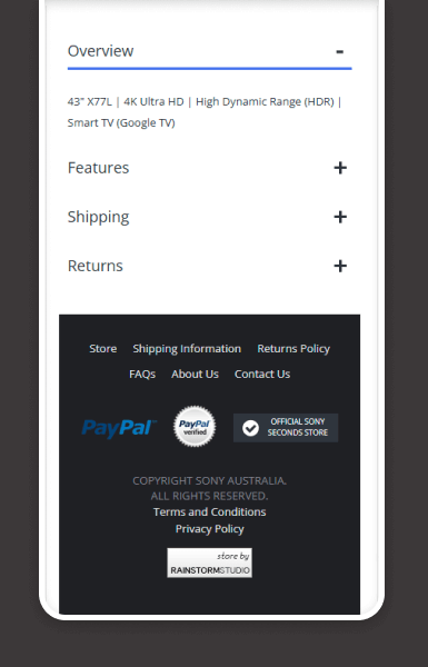 Mobile-friendly tabbed layout for policy, shipping, and returns sections on Sony’s eBay listing template, making information quick and easy to access.