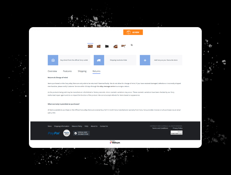 Outstanding unique value propositions and tabbed layout displaying Sony’s eBay policies, shipping, and returns information for better customer understanding