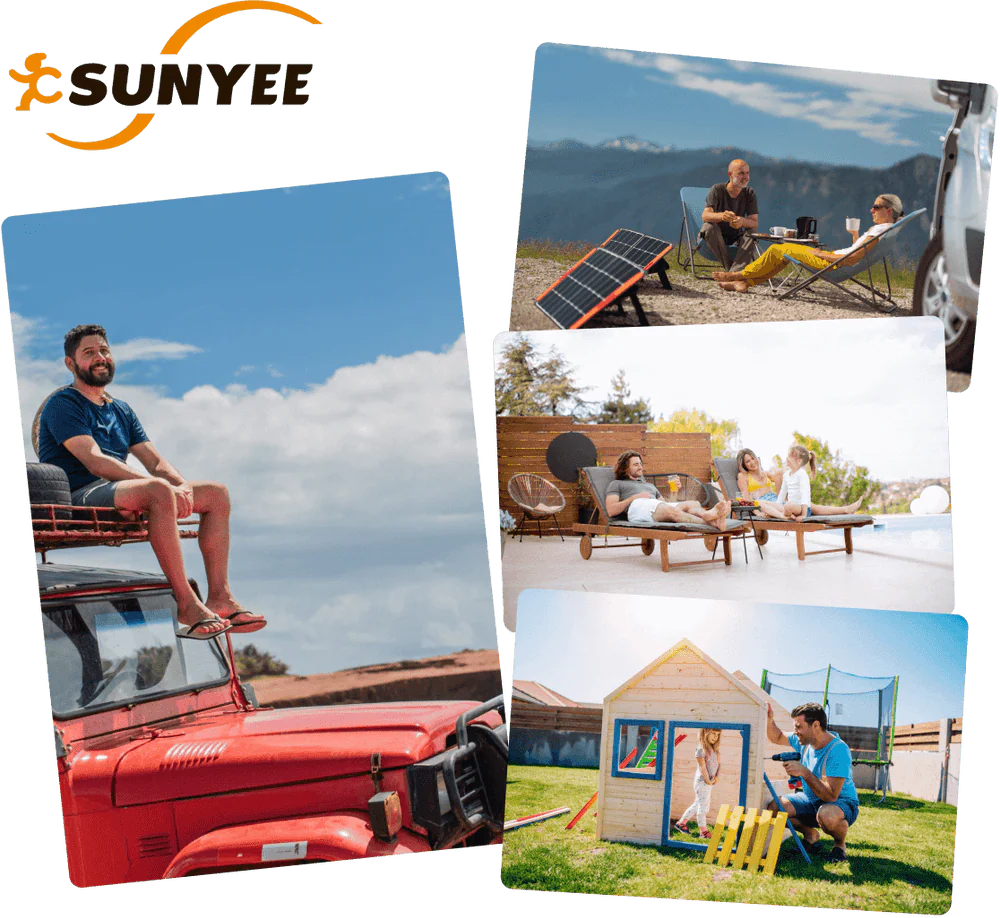 Collage of outdoor activities with people and a red jeep, featuring the Sunyee brand.