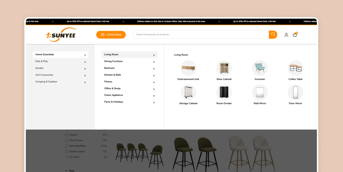 Custom Shopify mega menu on Sunyee International desktop store for clear navigation and reduced bounce rates