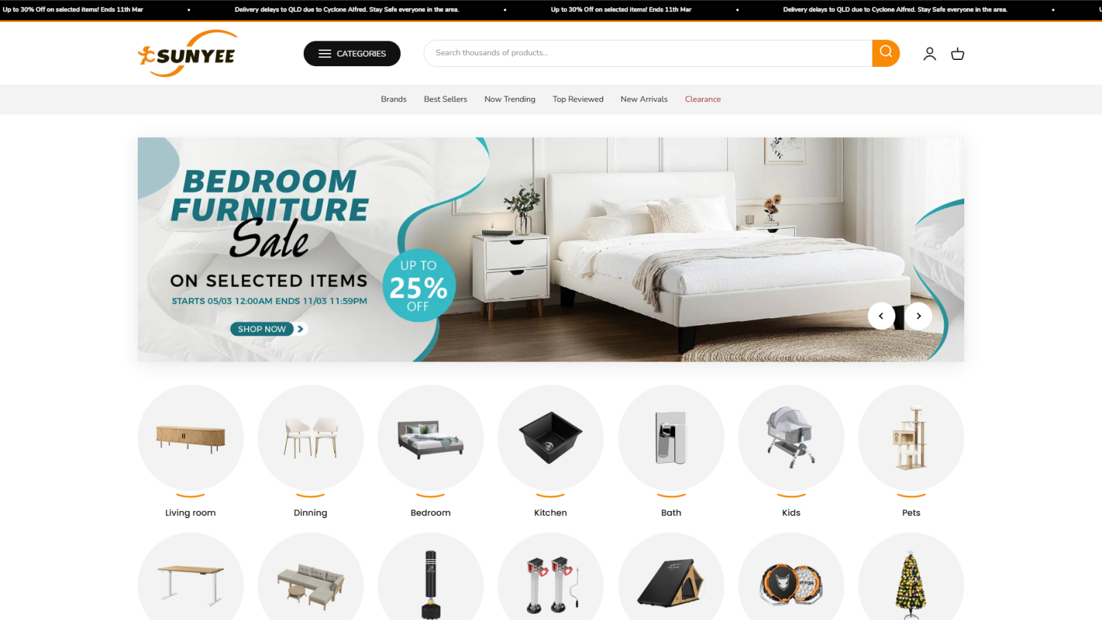 Shopify store redesign for Sunyee International featuring a mega-store layout with clear, attractive category display