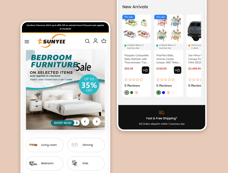 Mobile-optimised Shopify store homepage for Sunyee International with clean layout