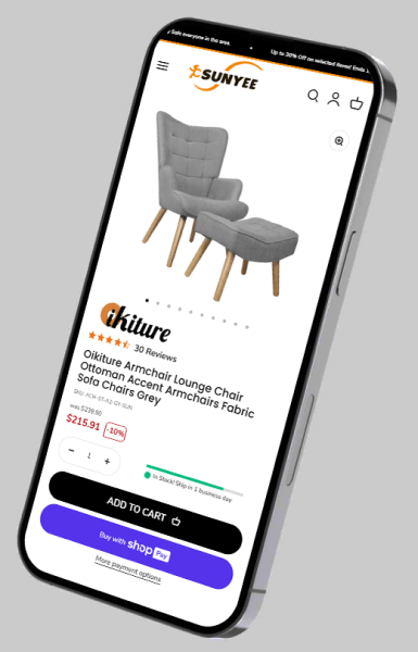 Mobile view of Sunyee International Shopify store product detail page with clear design