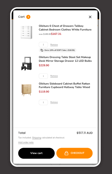 Mobile sliding cart design for Sunyee International Shopify store with seamless checkout