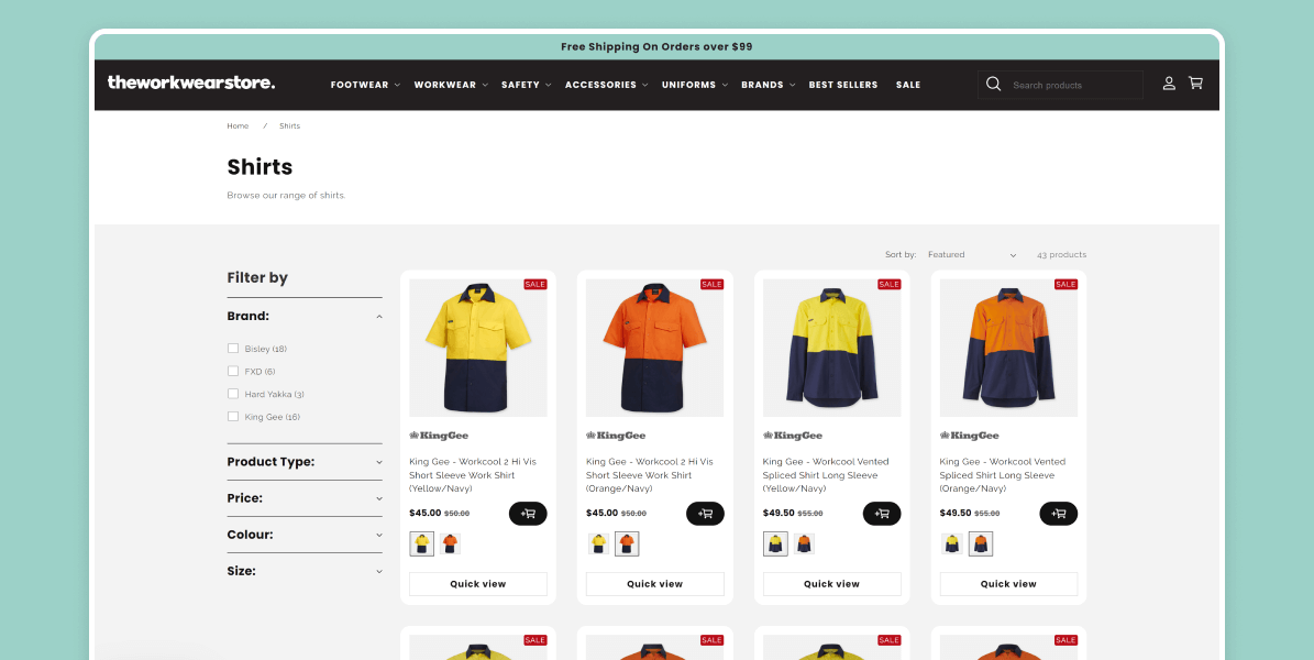 Desktop collection page with product swatches on The Workwear Store Shopify site, allowing easy colour selection