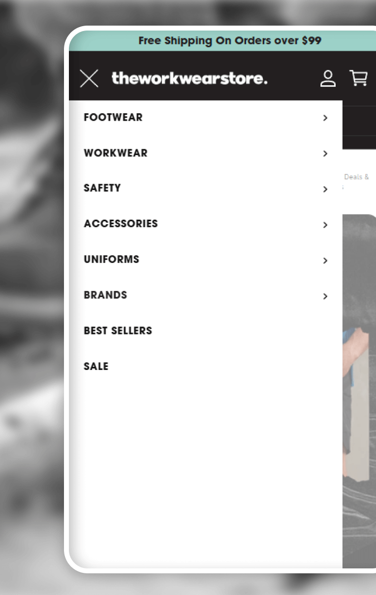 Mobile menu of The Workwear Store Shopify site, making it easy for customers to find products quickly