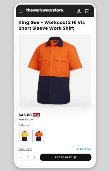 Mobile product page with swatches on The Workwear Store Shopify site, enabling customers to compare and choose variations easily