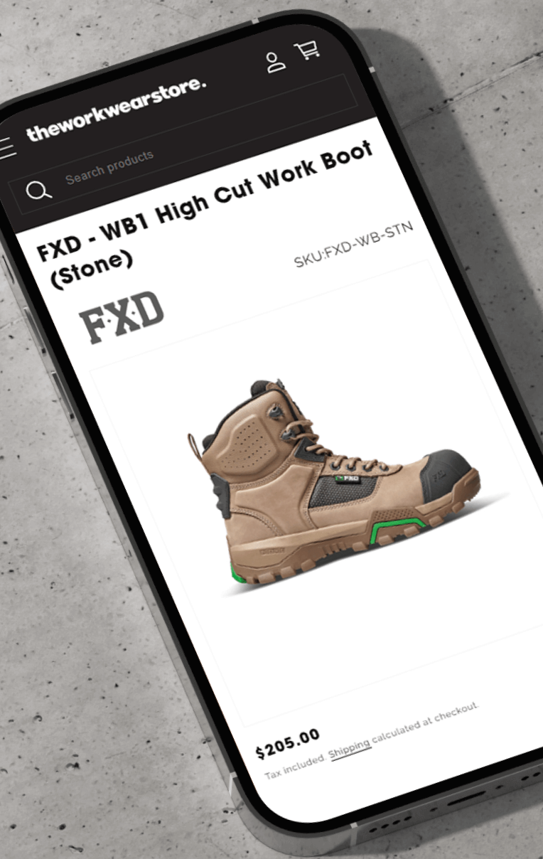 Mobile view of The Workwear Store product detail page above the fold, designed for smooth, intuitive navigation
