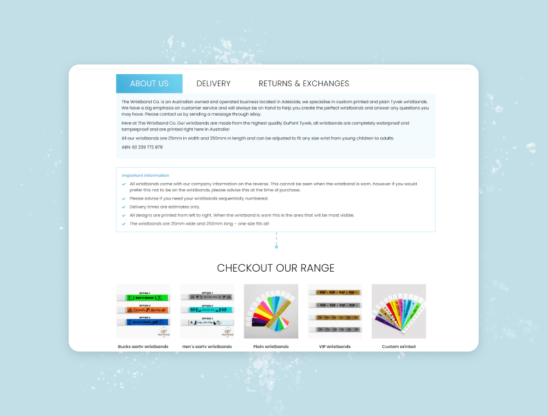 Structured policy and information sections showing returns, sizing, and store details clearly