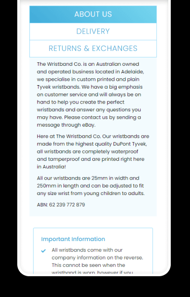 Mobile policy tabs presenting shipping and returns information in a compact format