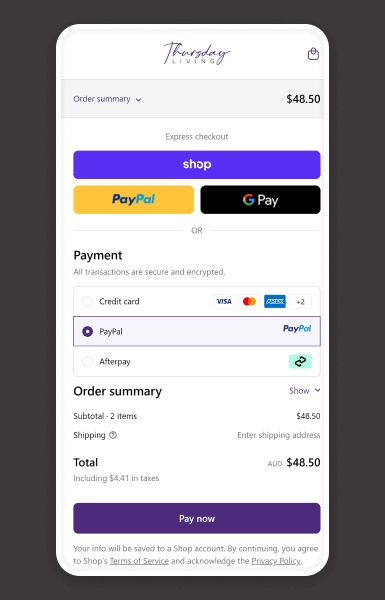 Thursday Living checkout page showcasing a streamlined process that reduces drop-offs
