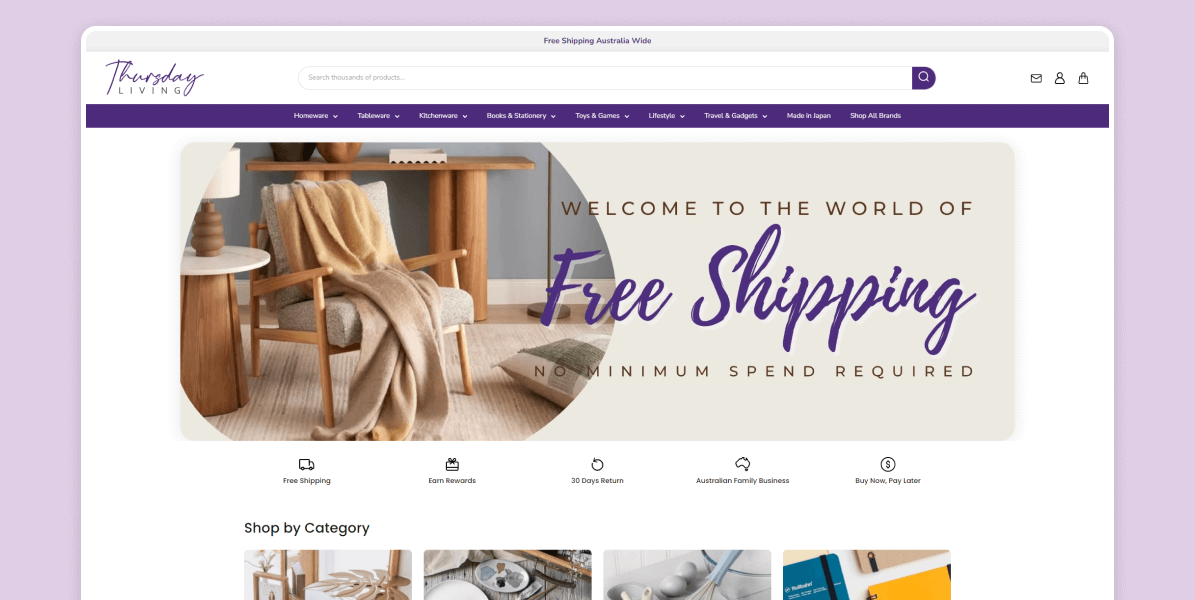 Desktop view of Thursday Living Shopify home page showcasing clean structure and easy navigation for customers