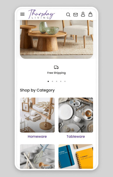 Mobile view of Thursday Living Shopify home page with clean, easy-to-navigate layout for effortless browsing