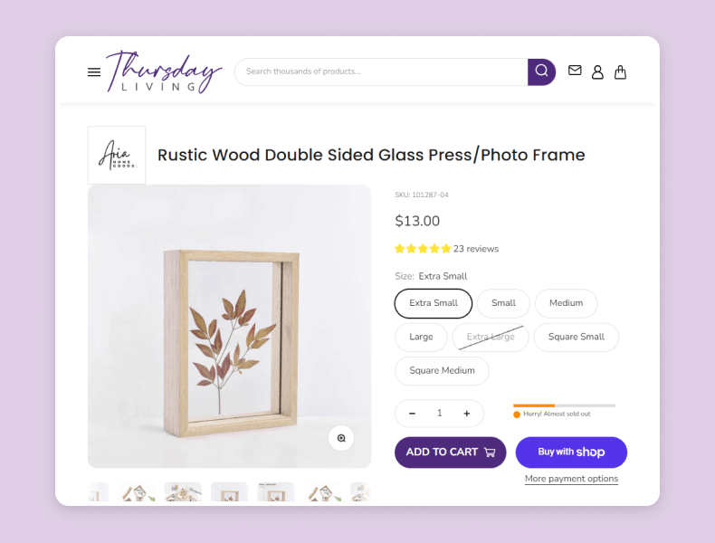 Desktop product detail page of Thursday Living store with clear layout and intuitive navigation