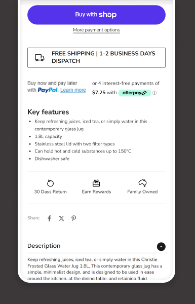 Mobile product detail page below the fold highlighting product details with easy-to-navigate structure