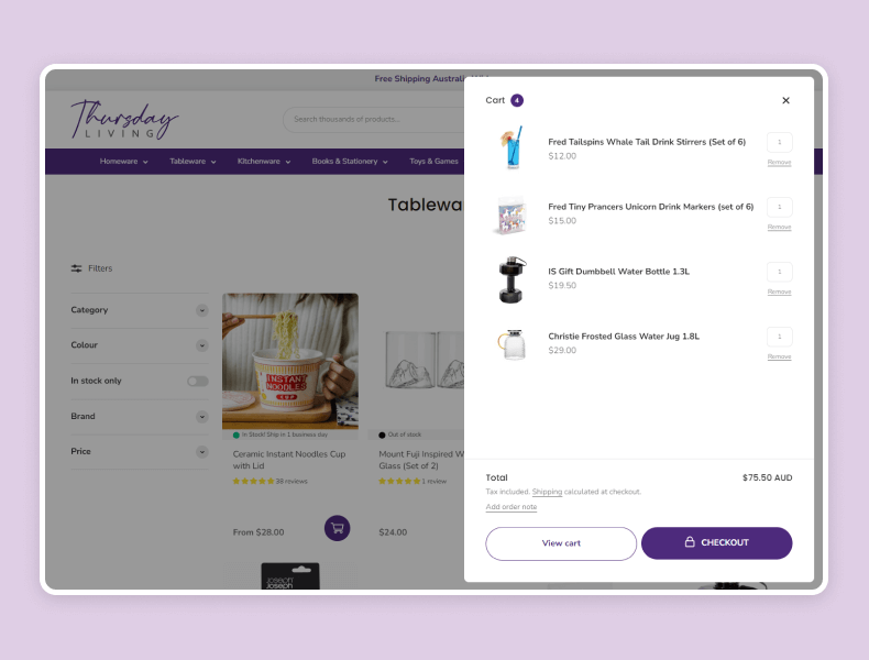 Thursday Living sliding cart view demonstrating smooth, simplified checkout process