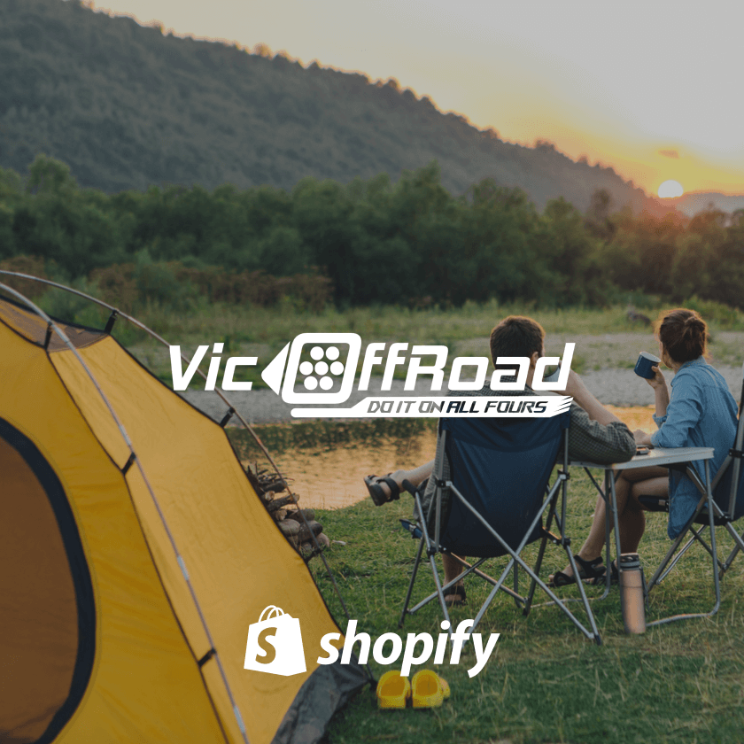 Vicoffroad Shopify store redesign, showing camping tent, store logo, and Shopify platform badge