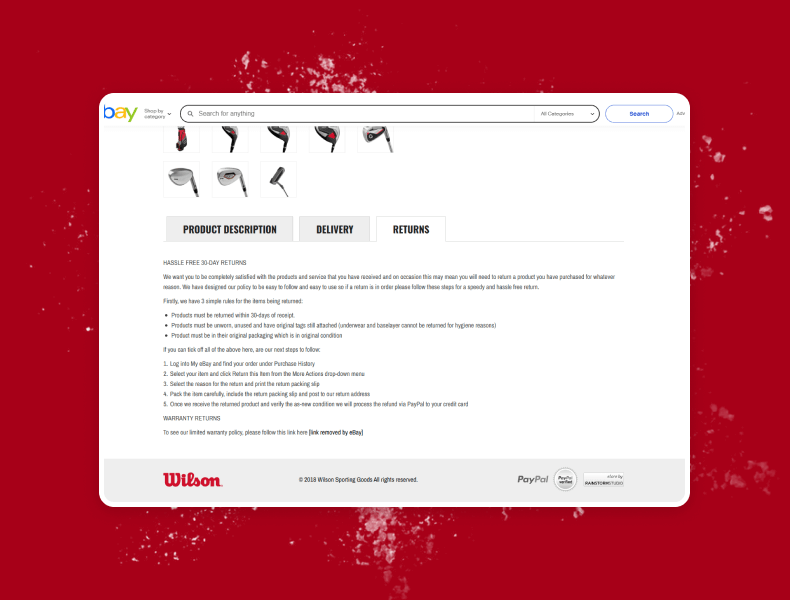 Tabbed policy sections clearly presenting shipping and returns information