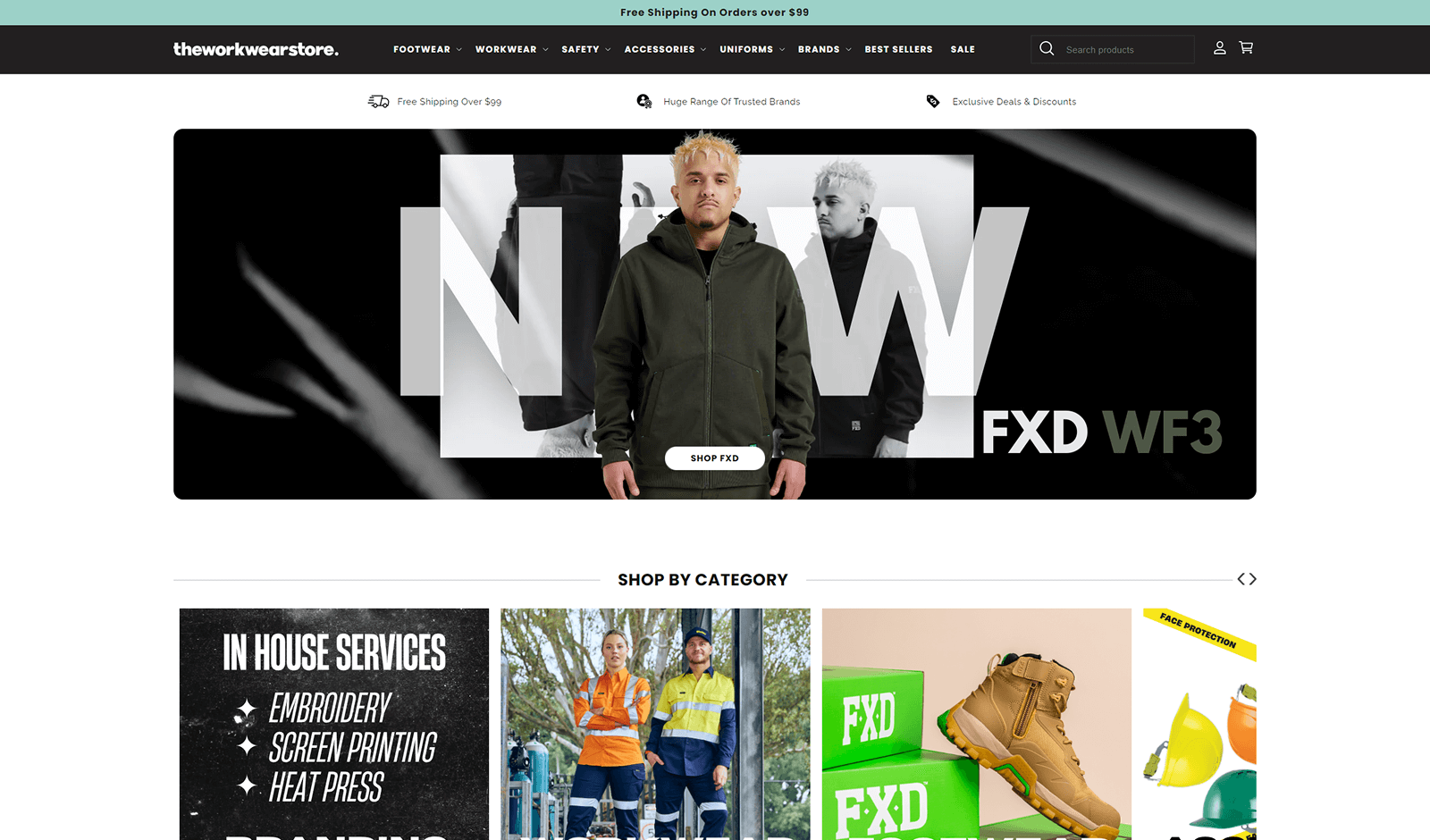 Desktop view of The Workwear Store Shopify homepage above the fold, showing a friendly, professional design that builds trust and confidence