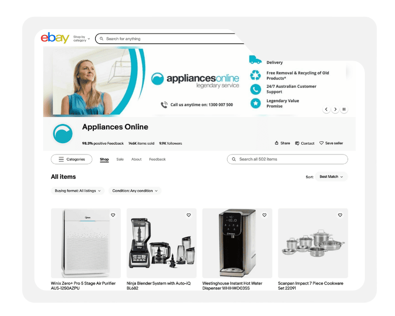 Modern, brand-consistent eBay template design for Appliances Online showcasing a clean, mobile-friendly layout and cohesive visual identity