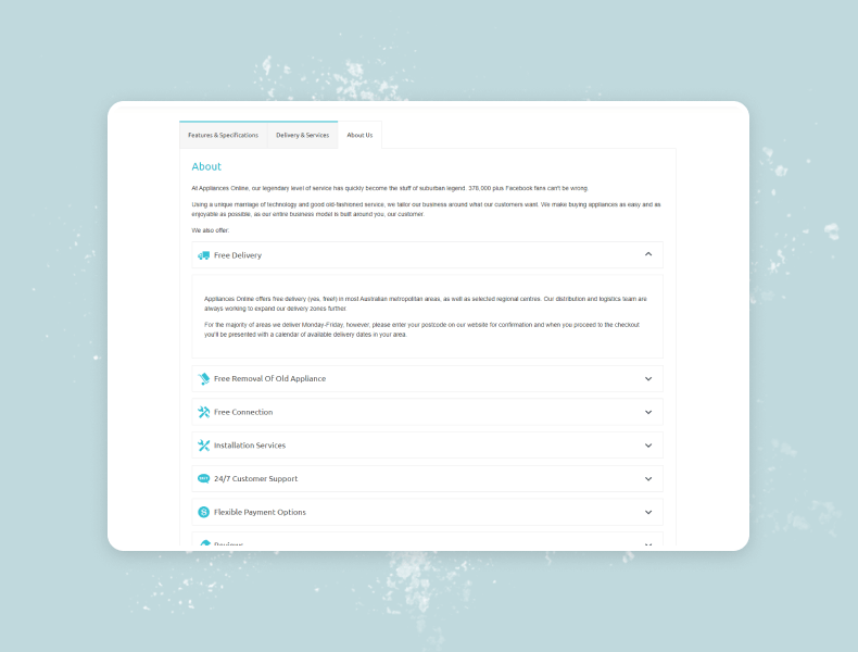 Tabbed layout displaying Appliances Online’s eBay policies, shipping, and returns information for clear communication