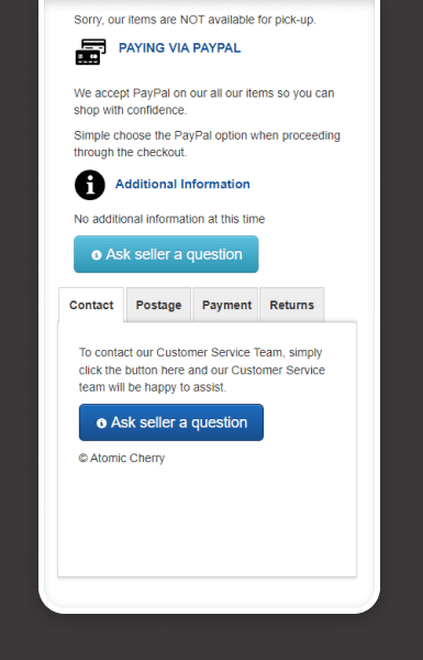 Mobile layout of Atomic Cherry eBay listing showing policies and product information displayed cleanly for easy access