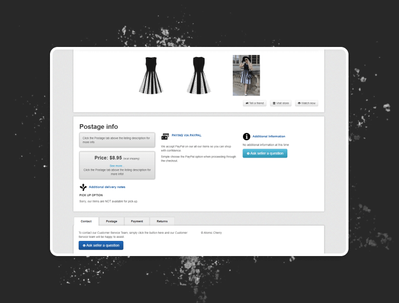 Policy and information sections on Atomic Cherry’s eBay listing showing size details, shipping, and returns neatly presented