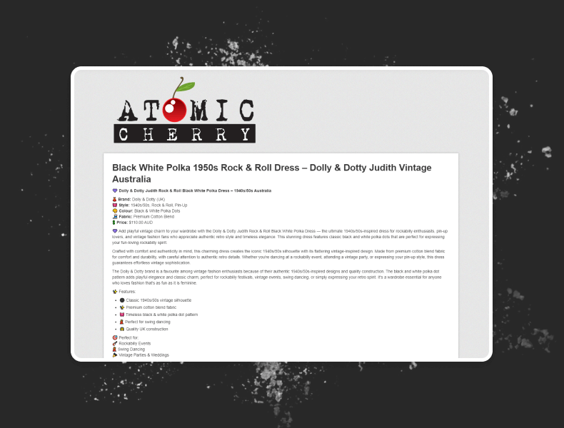 Atomic Cherry eBay listing design with clean product gallery highlighting vintage-inspired products and imagery