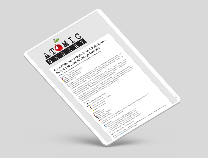 Tablet view of Atomic Cherry eBay listing showing responsive, vintage-inspired layout with clear product details