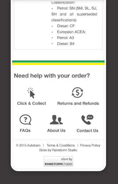 Mobile-friendly tabbed layout on Autobarn’s eBay listing showing warranty, delivery, and returns clearly displayed