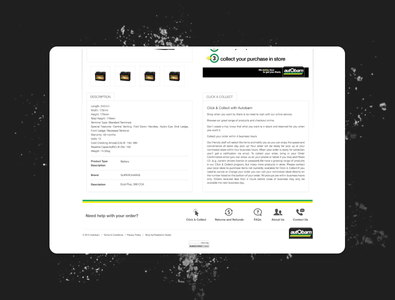Autobarn eBay template showing tabbed layout for store policies, warranty, and returns to support quick access to key info