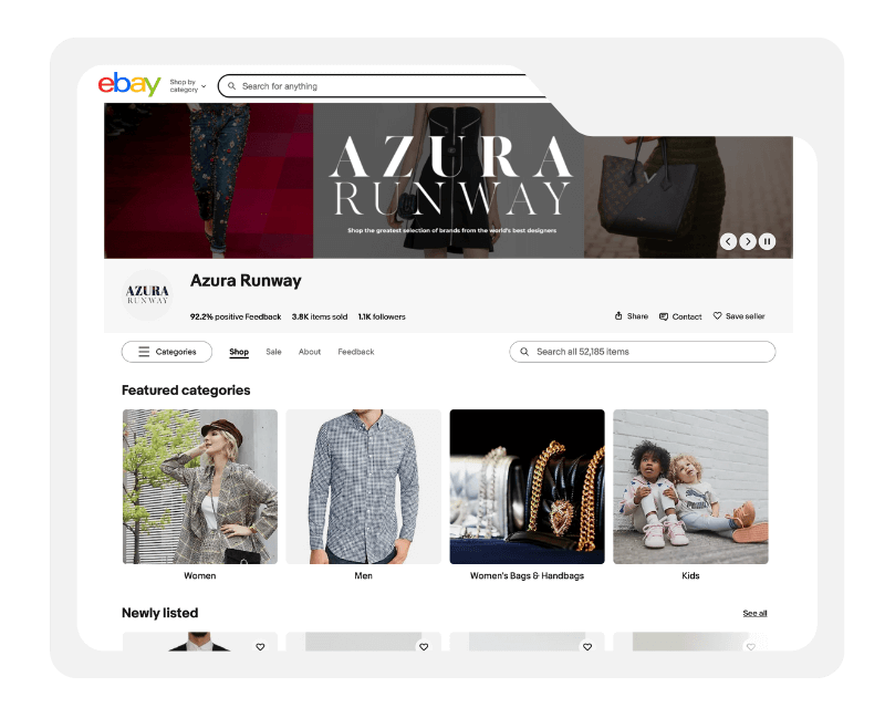 Azura Runway’s custom eBay design created by Rainstorm Studio, featuring a professional, branded layout that enhances engagement and consistency