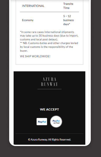 Mobile-friendly tabbed layout for policy, shipping, and returns sections on Azura Runway’s eBay listing template.