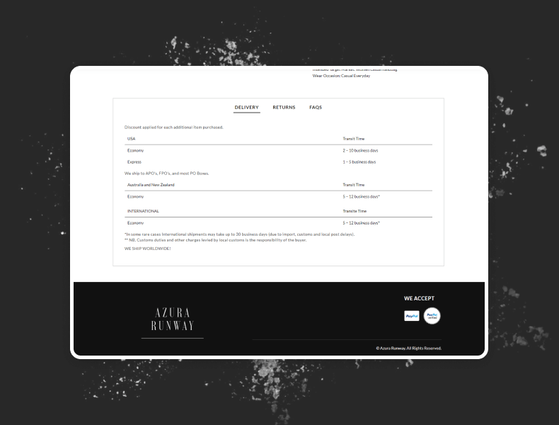 Tabbed layout displaying Azura Runway’s eBay policies, shipping, and returns information for better customer clarity.