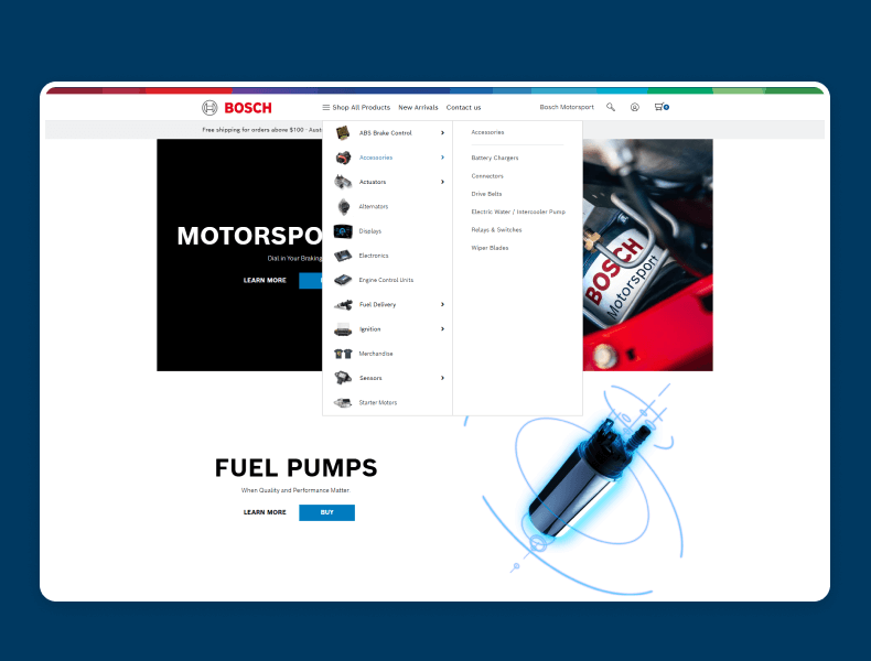 Bosch Motorsport website navigation demonstrating simplified menus, easy-to-access categories, and a refined structure that enables faster browsing and intuitive user journeys
