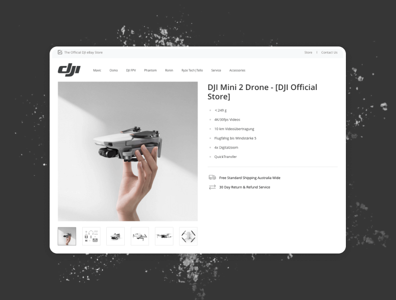 Product image gallery displaying multiple DJI product angles in a clean, swipe-friendly layout