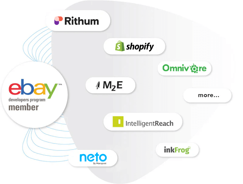 eBay Developers Program member logo alongside logos of popular listing tools like Rithum, Neto, Shopify, M2E Pro, Omnivore, IntelligentReach, and Inkfrog, indicating Rainstorm’s eBay templates are fully compatible