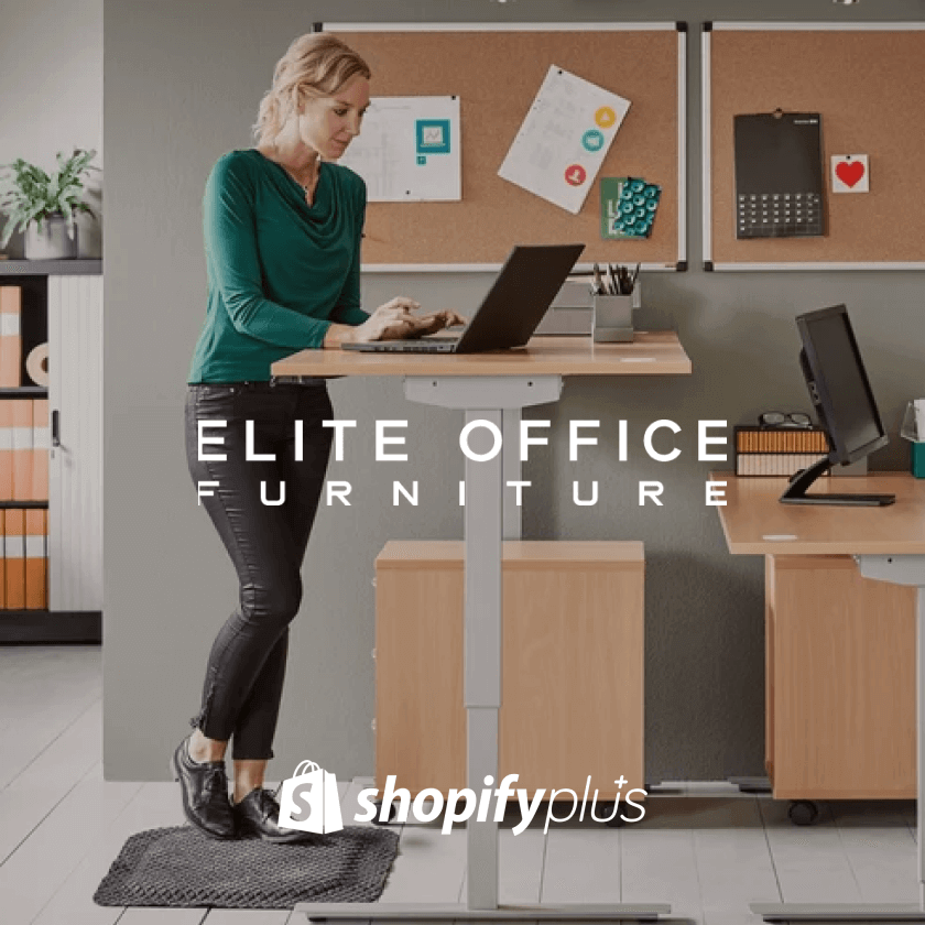 Elite Office Furniture, Shopify Plus store redesign for a modern workspace brand, with product in use and platform logo