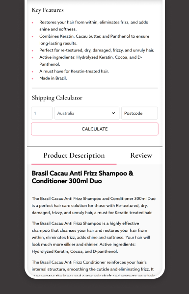 Product detail page mobile view below the fold showing detailed descriptions and related products