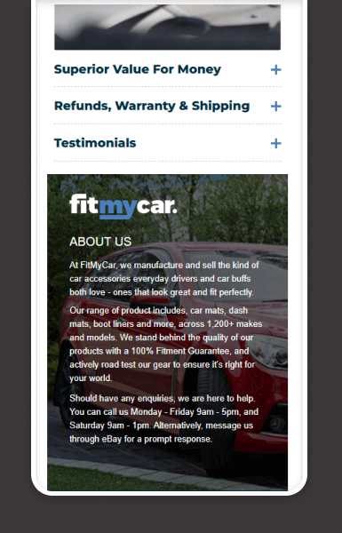Mobile-friendly view of FitMyCar eBay listing showing policy and information sections in an easy-scroll format.