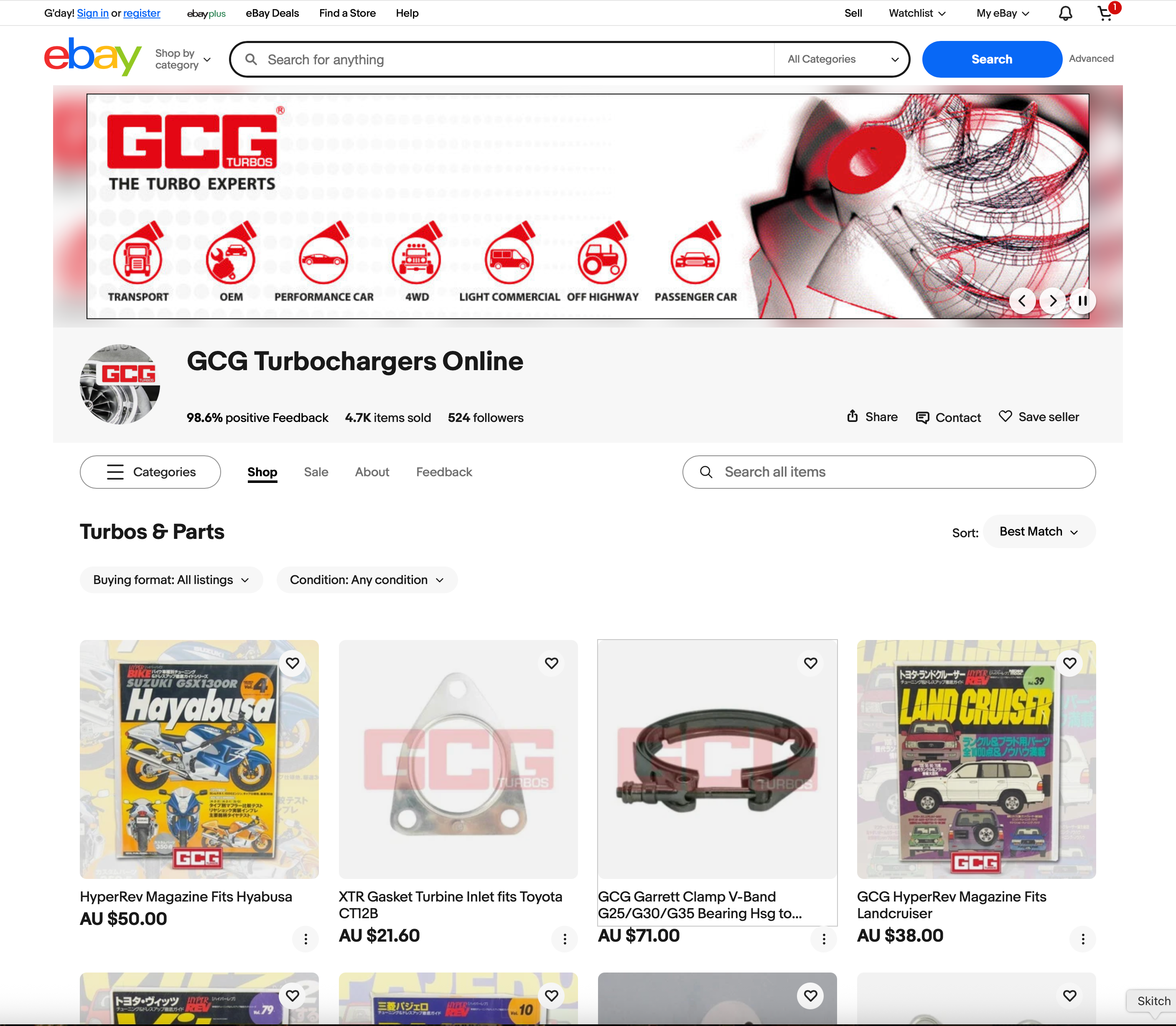 Custom eBay listing template for GCG Turbochargers showing branded layout, clear product details, and structured content sections