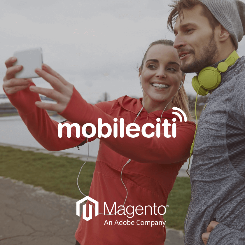 Mobileciti, Magento store design project featuring happy customers taking a wefie, with brand logo and Magento platform badge