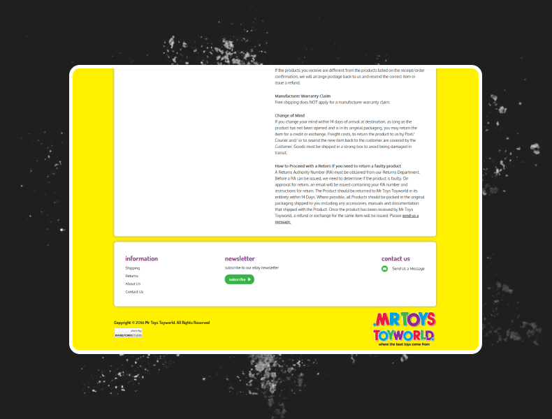 Organised content sections on Mr Toys eBay listing presenting product details, benefits, and store policies in a clean, easy-to-navigate format